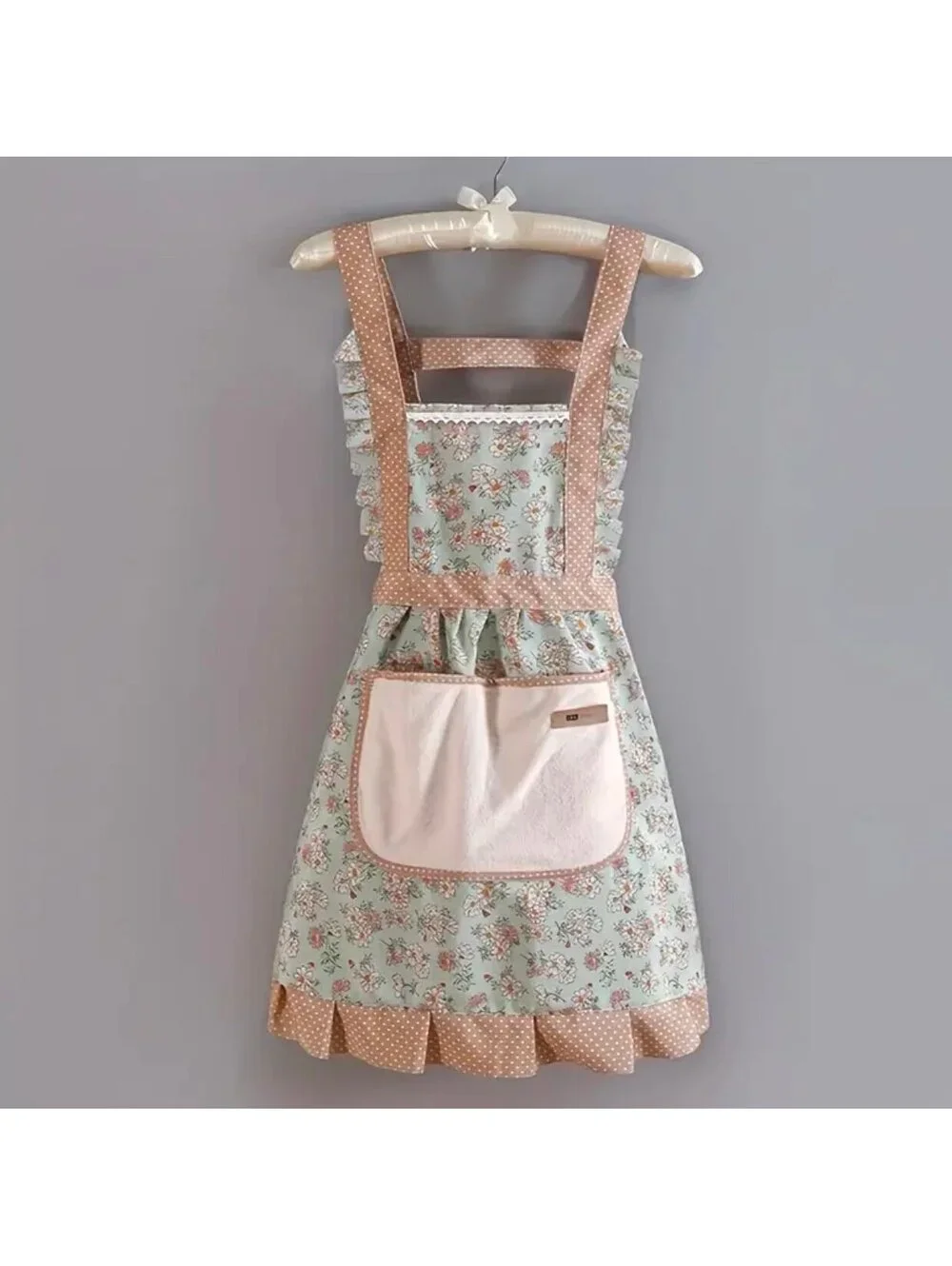 New -Super Cute Adjustable Strap Floral Print Apron w/Pockets -Green -OS